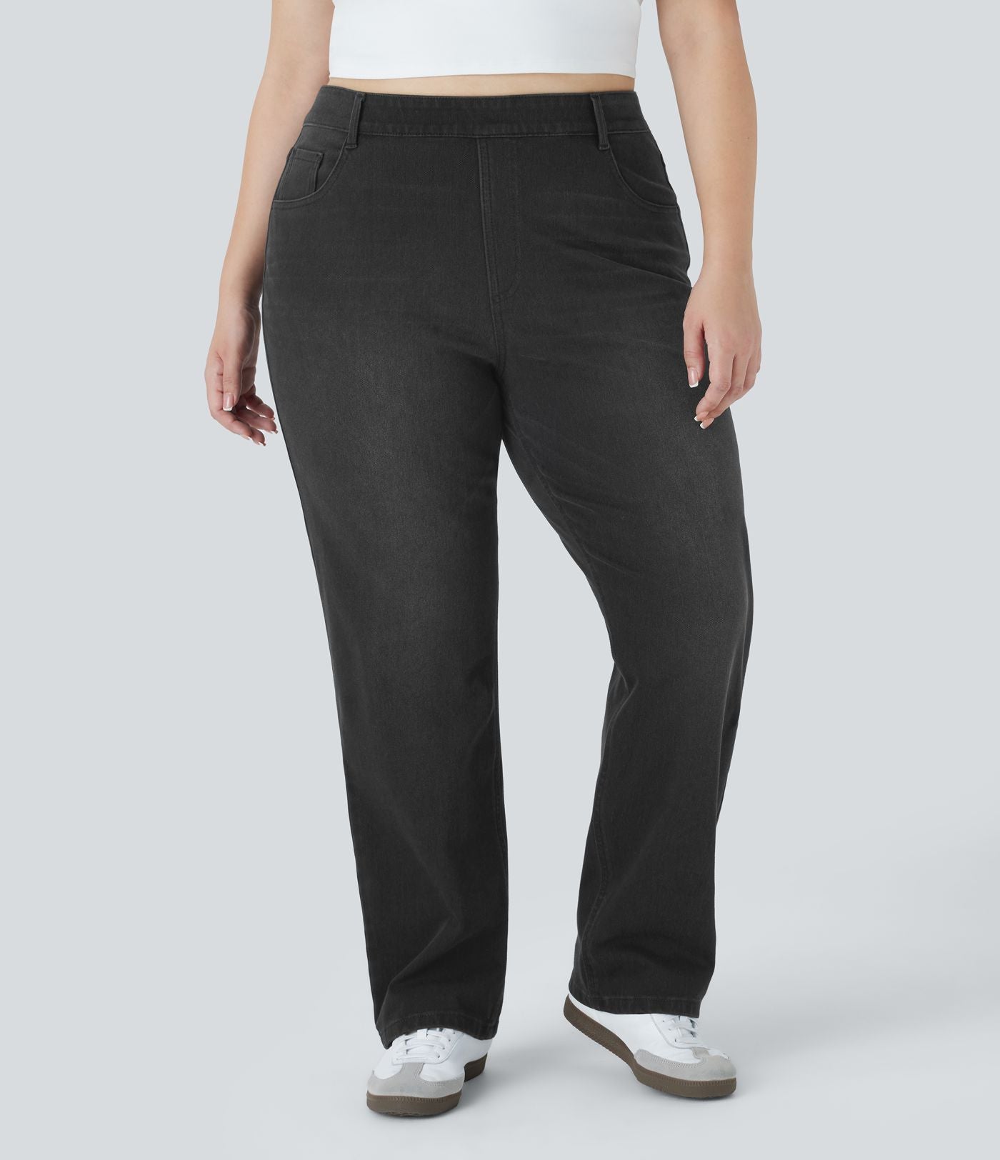 Jean décontracté Halara Flex™ grande taille, taille haute, multiples poches, jambes droites, effet délavé, en maille extensible