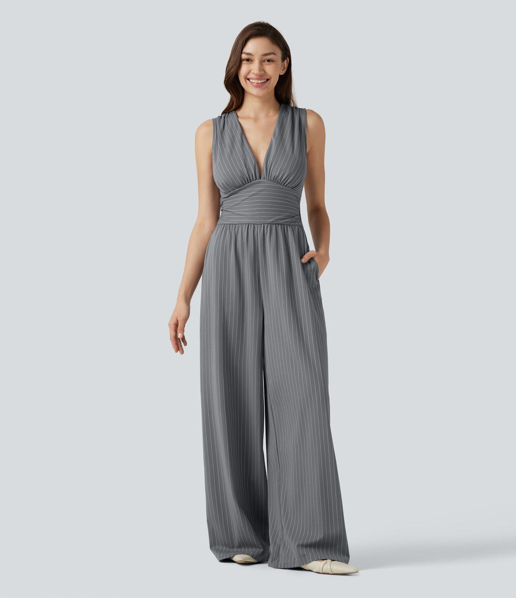 Combinaison tailleur col V sans manches à rayures et fronces avec poches - Easy Peasy