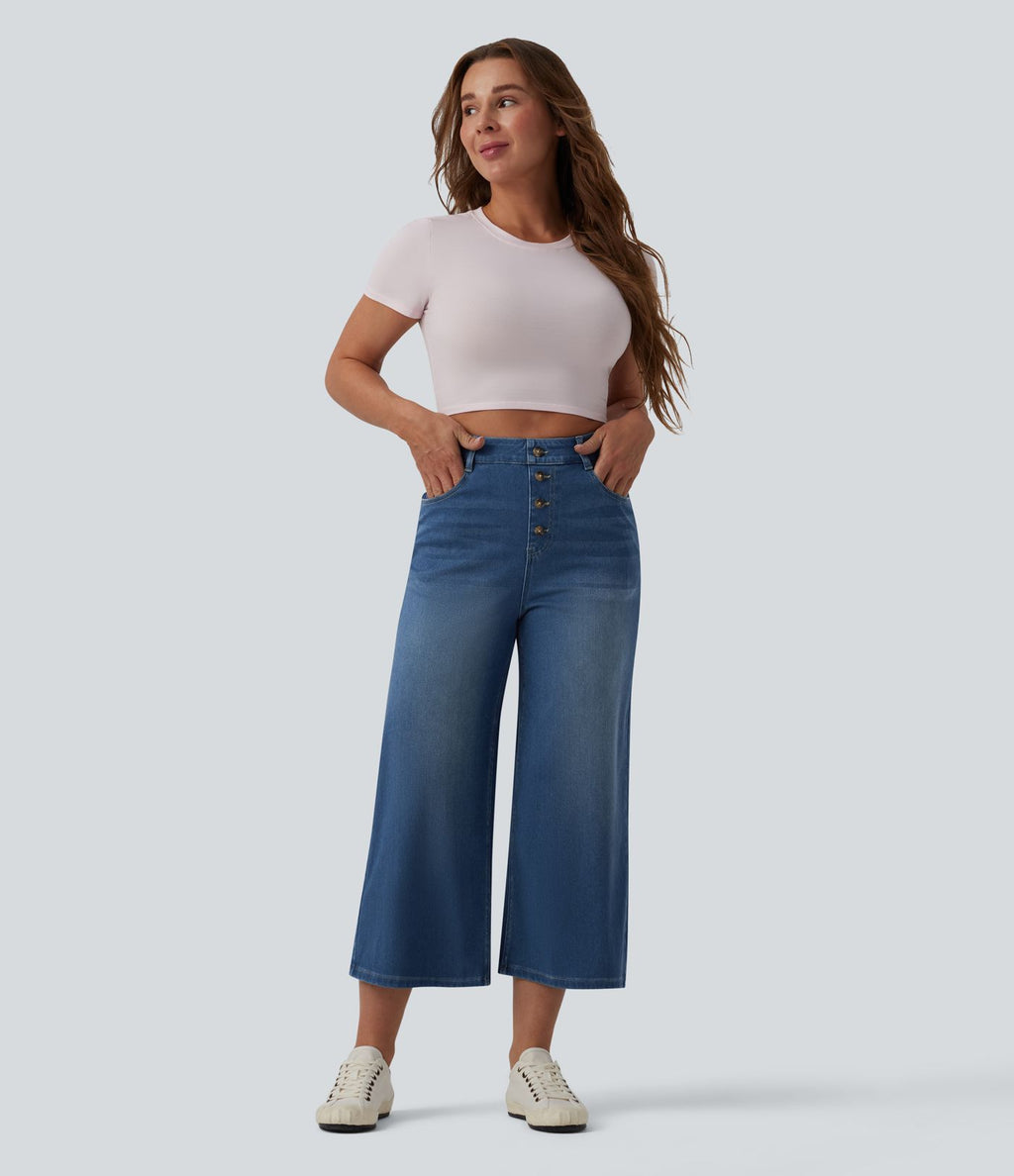 Halara Flex™ Jean large casual raccourci taille haute en lyocell drapé, avec poches