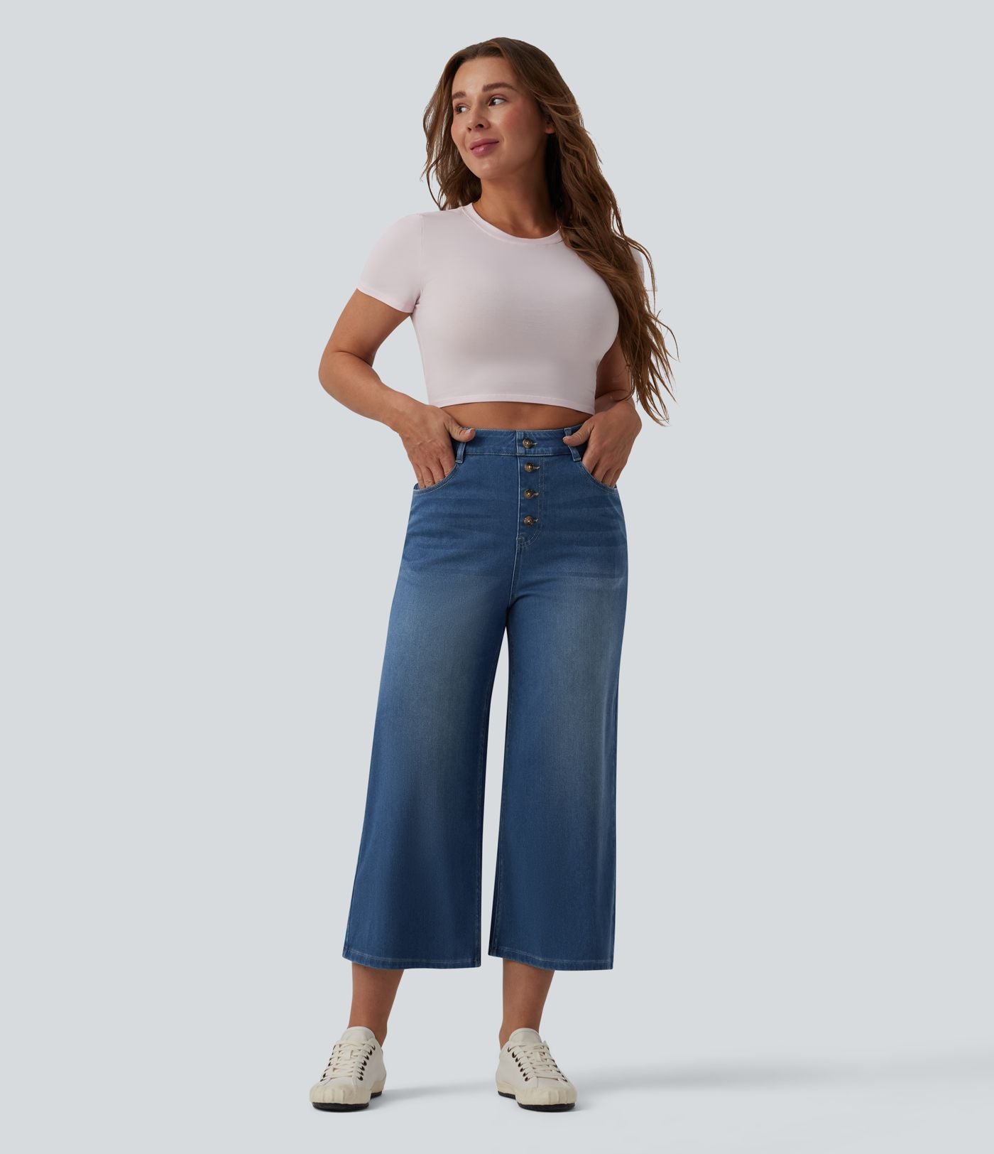 Halara Flex™ Jean large casual raccourci taille haute en lyocell drapé, avec poches