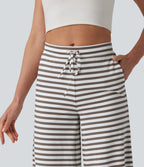 Pantalon yoga large taille mi-haute à rayures et cordon de serrage avec poches