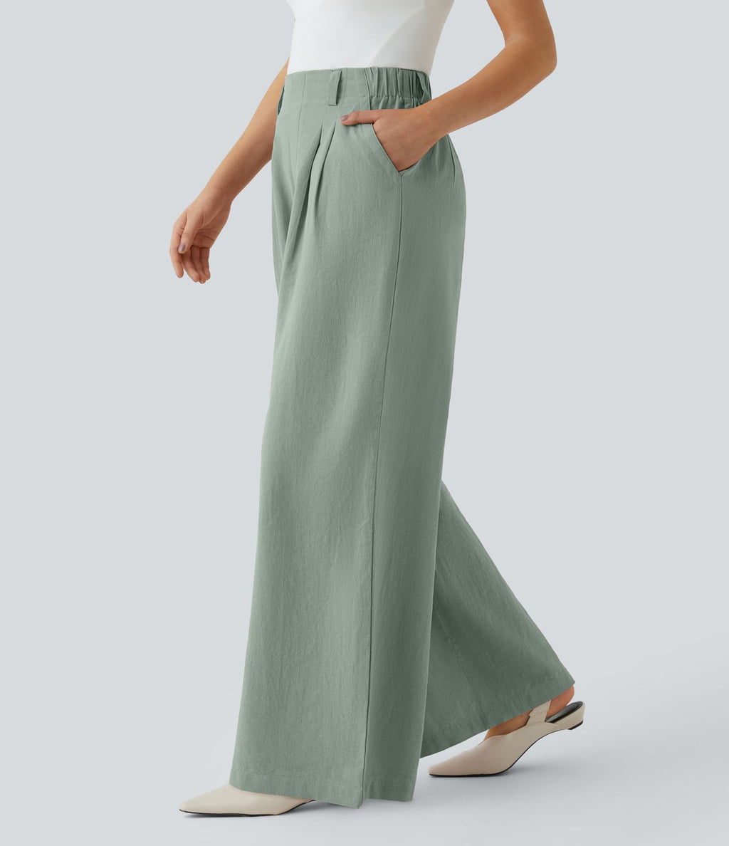 Pantalon Fluide Large Taille Haute Poches Latérales Palazzo Solide Casual Linen-Feel