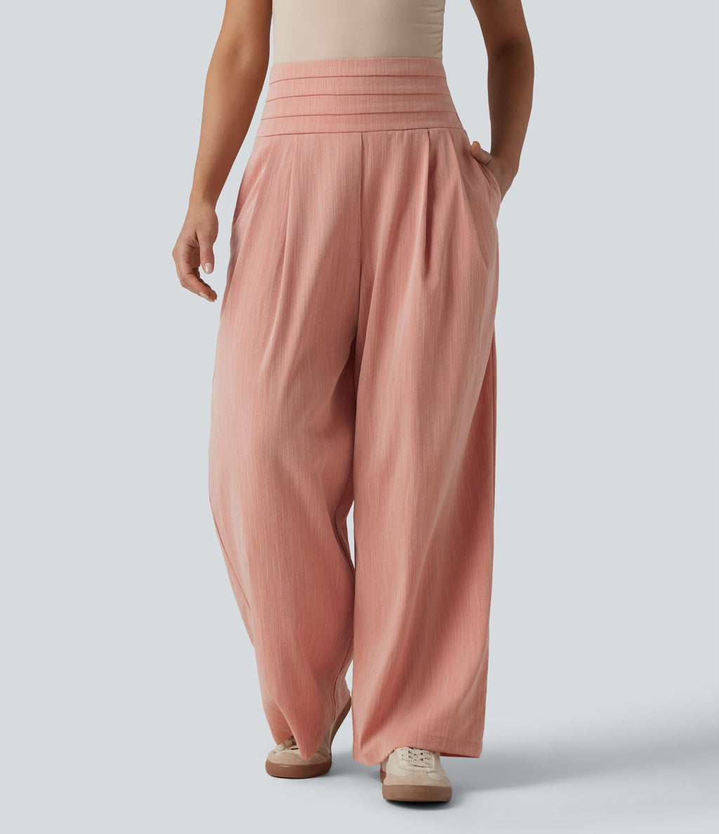 Pantalon large casual aspect lin taille très haute smocké réglable avec poches