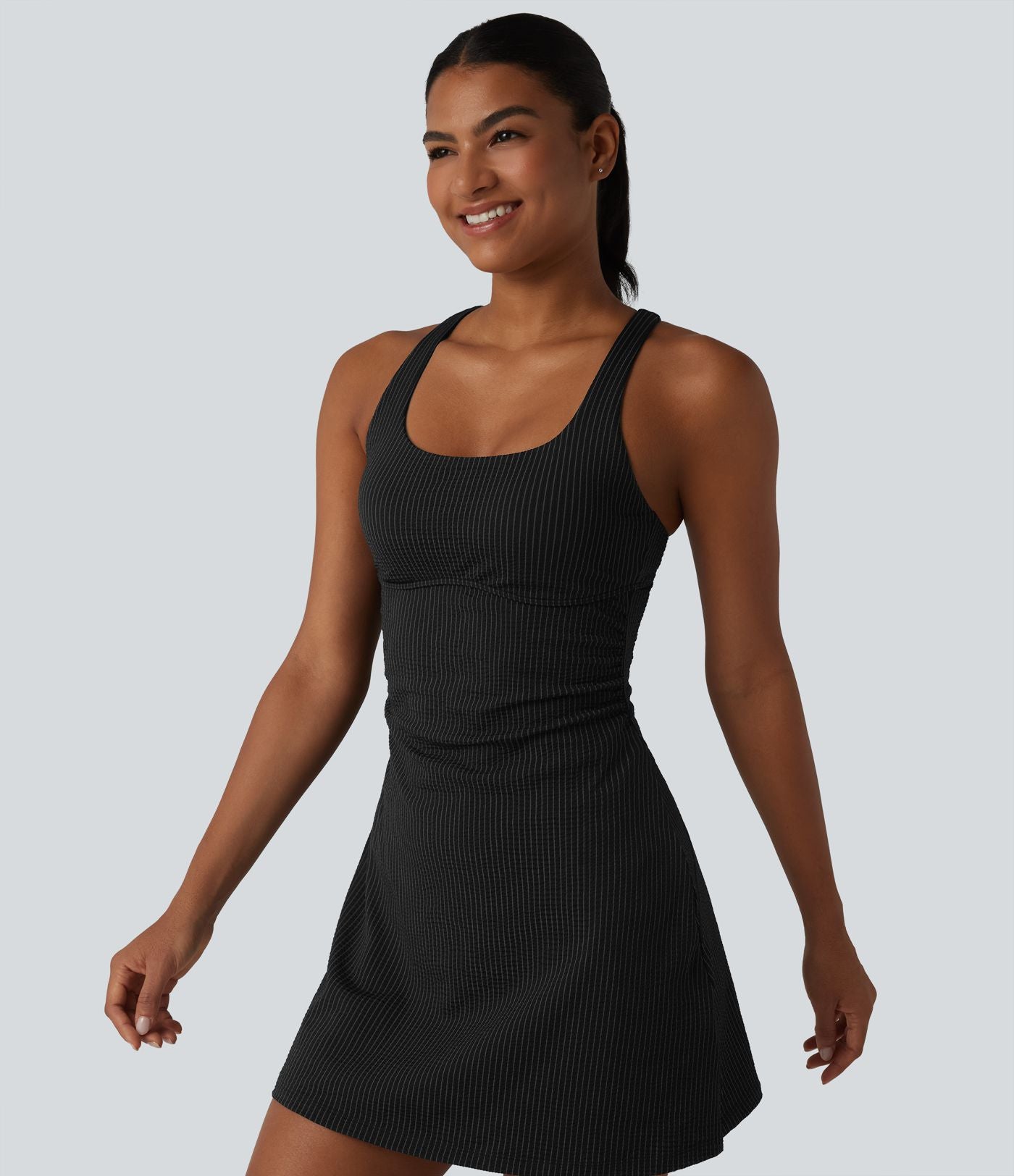Robe sport mini de tennis 2 pièces à col U, soutien-gorge intégré, rayures, séchage rapide et poches - UPF40+