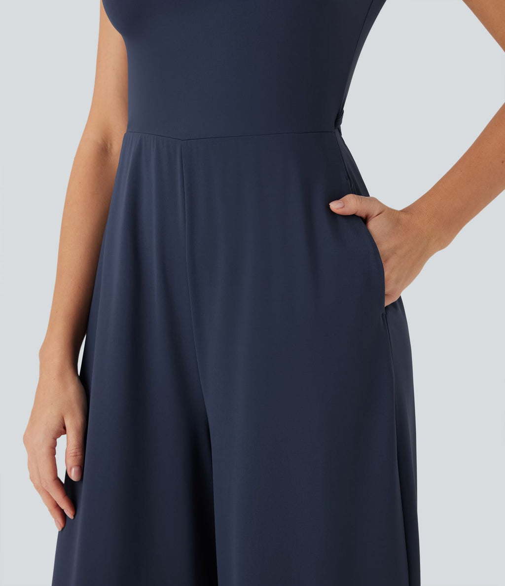 Combinaison de yoga Softlyzero™ Airy Cool Touch à col cranté, manches courtes, jambes larges et poches latérales - Édition Easy Peasy