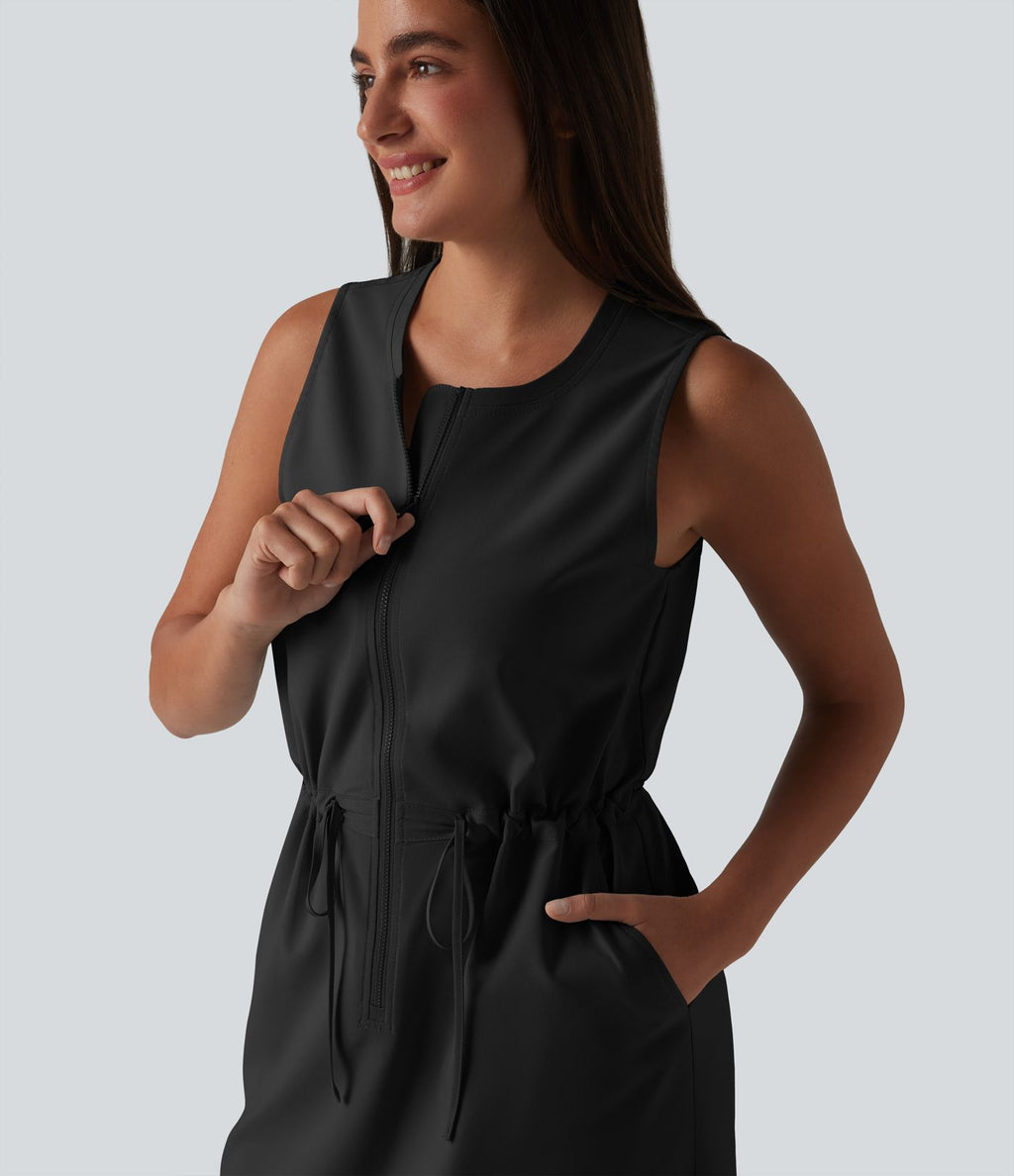 Robe sport mini de randonnée col rond sans manches demi-zip avec cordon de serrage et poches