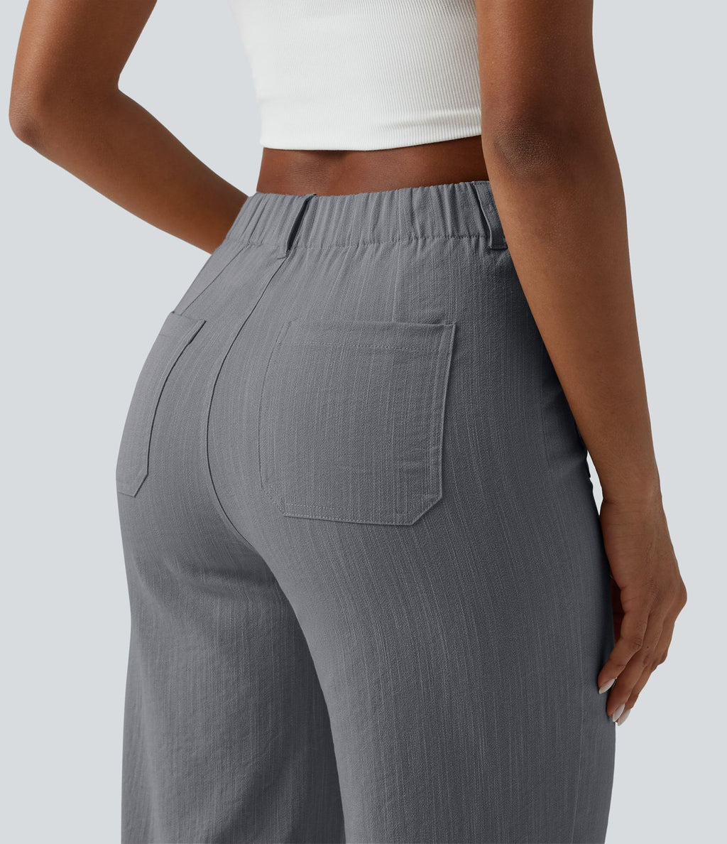 Pantalon taille haute coupe droite effet lin avec poches