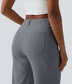 Pantalon taille haute coupe droite effet lin avec poches
