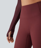 Haut de sport yoga crop top 2-en-1 avec col licou, dos nu, manches longues, passe-pouces et mesh contrastant
