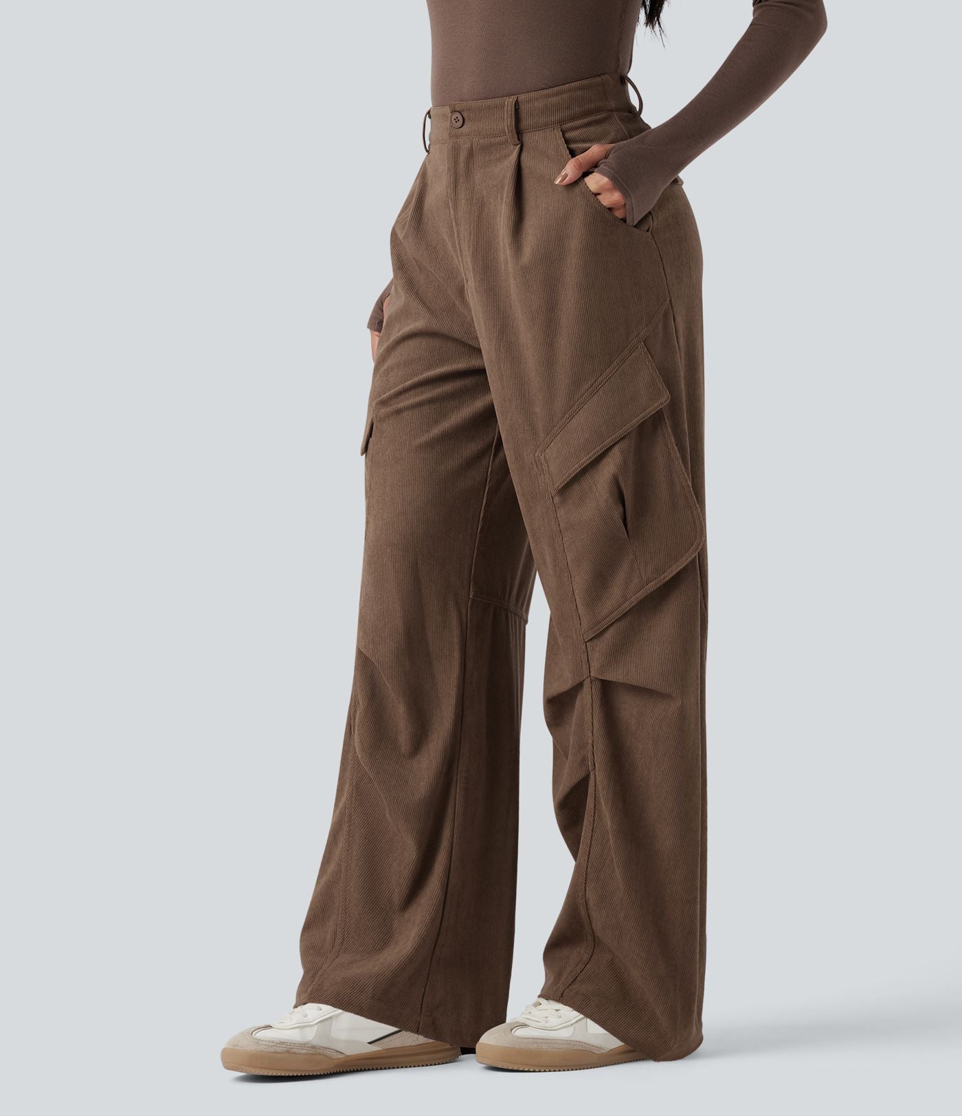Pantalon cargo velours côtelé taille mi-haute avec poches