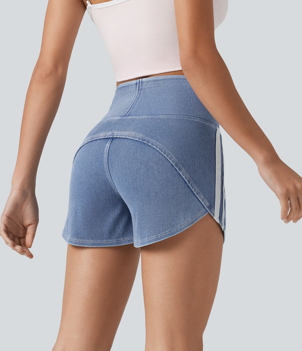 Short en jean rayé taille haute Halara Flex™ avec ourlet arrondi et poches