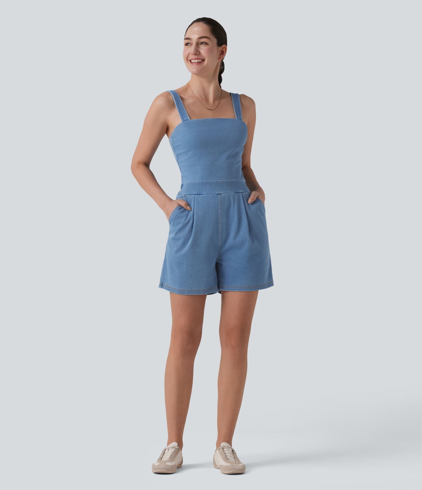 Halara Flex™ Combinaison short casual en denim sans manches à encolure carrée avec poches — Édition Easy Peasy