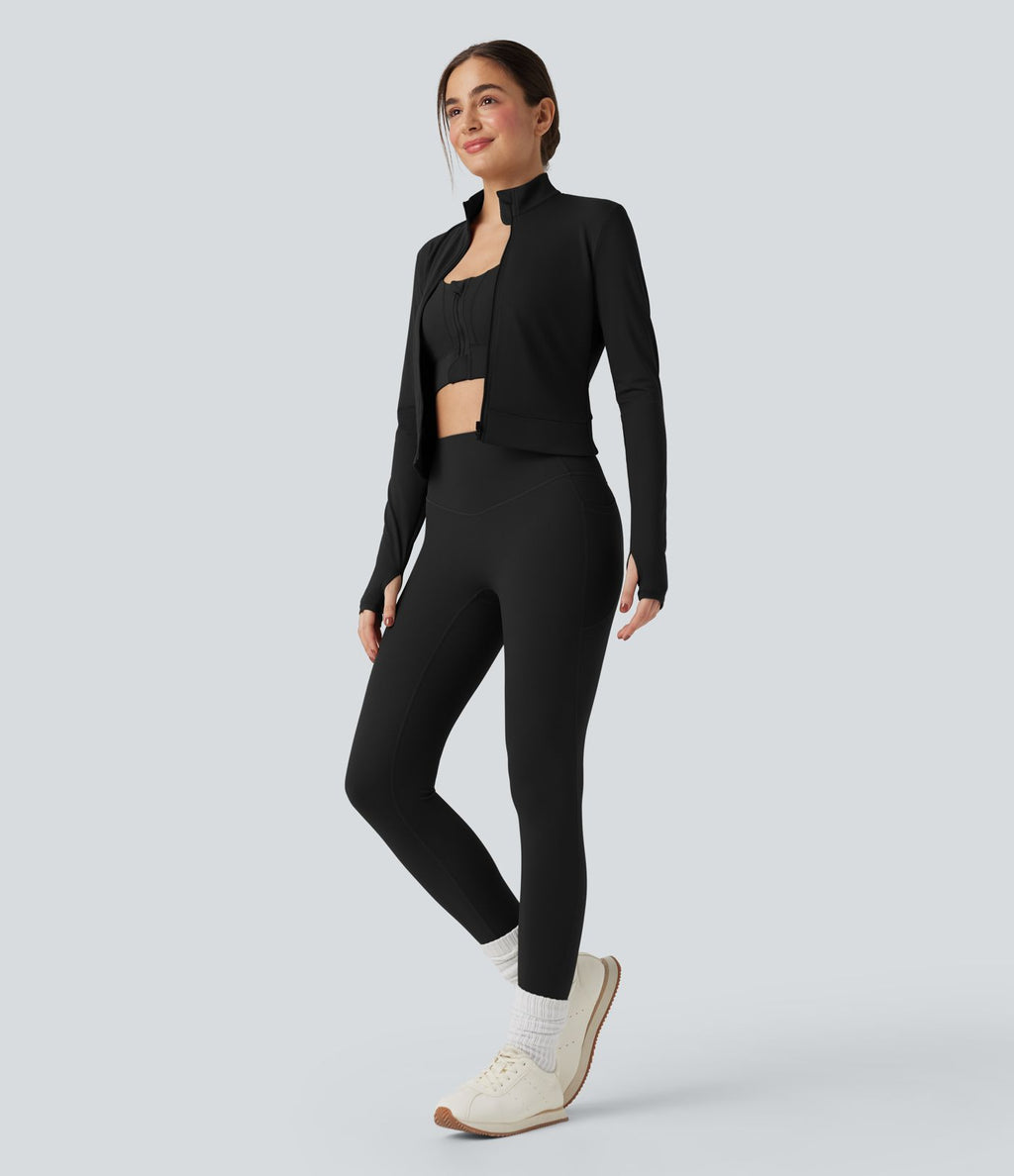Veste yoga SoftlyZero™ Plush col montant manches longues avec trous pour pouces et dos croisé