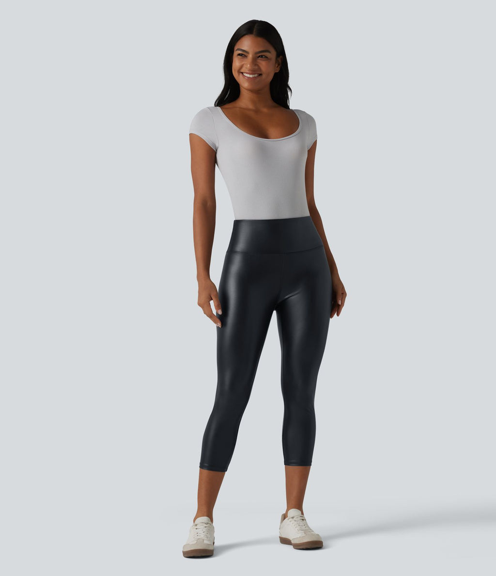 Legging corsaire taille haute ventre plat en similicuir extensible avec poches