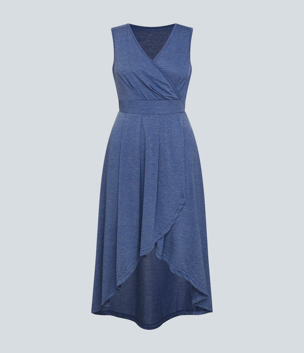 Robe Mi-Longue Plissée Décolleté Plongeant Sans Manches Haut Bas Ourlet Croisé