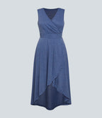 Robe Mi-Longue Plissée Décolleté Plongeant Sans Manches Haut Bas Ourlet Croisé
