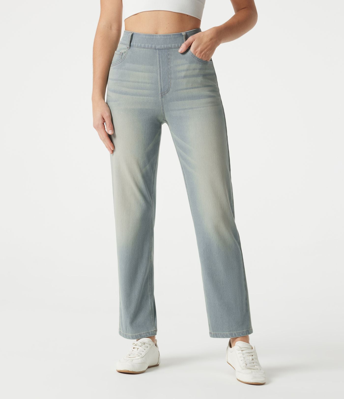 Jean droit Halara Flex™ à taille haute, poches multiples, effet délavé et tissu extensible