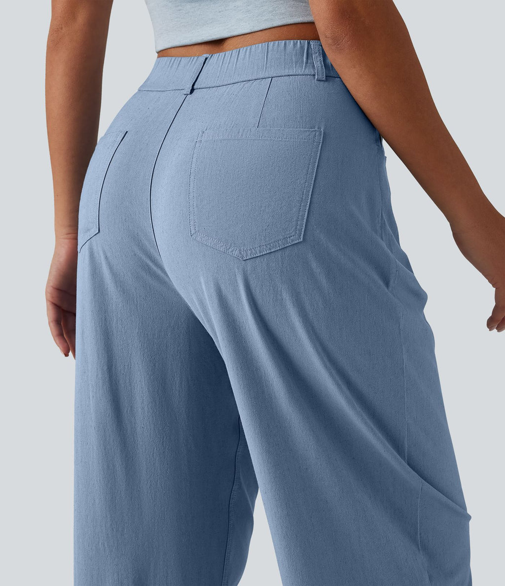 Pantalon casual taille haute en lin stretch coupe barrel avec poches