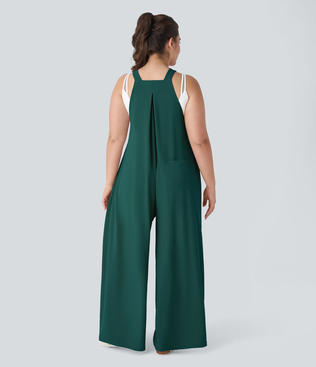 Salopette Casual Grande Taille en Gaufré avec Bretelles Ajustables Boutons et Poches Multiples