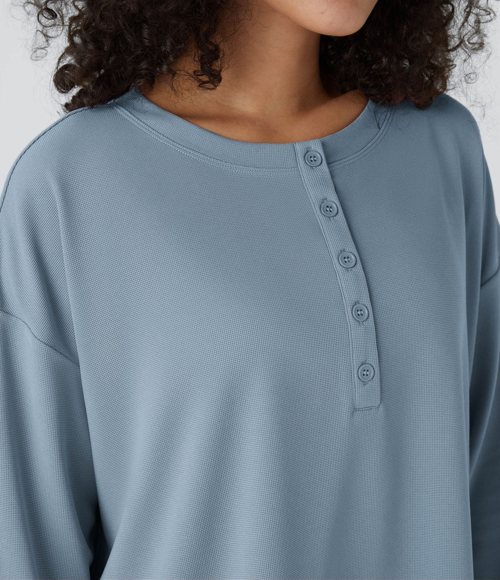 Sweatshirt Casual Waffle à Boutons Devant avec Trou Pouce et Fente