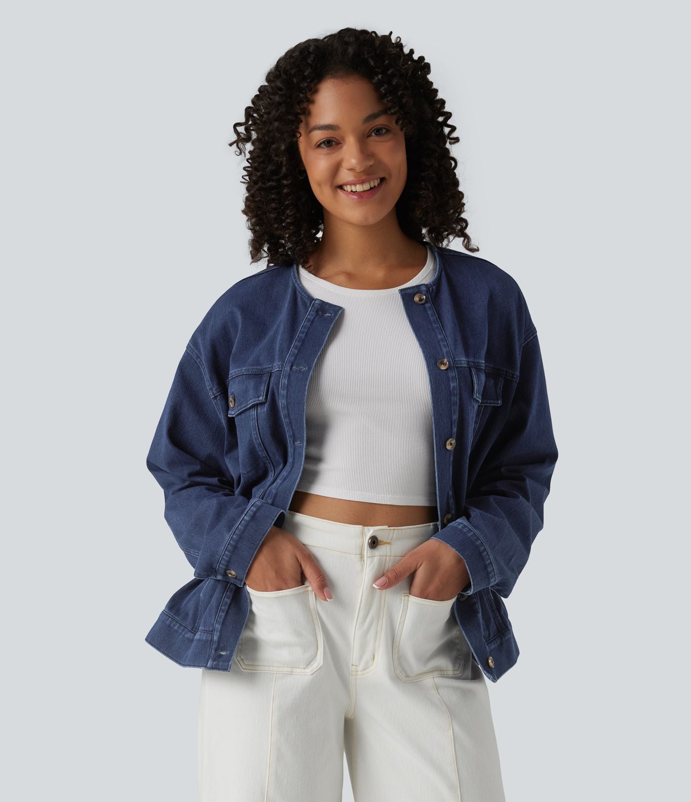 Halara Flex™ Veste décontractée en jean col rond manches longues avec poches