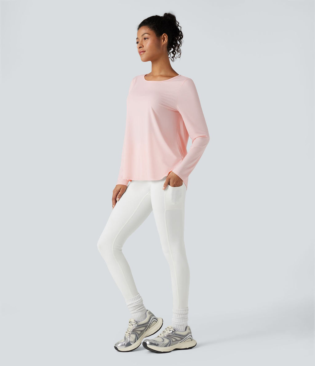 Top de sport yoga décontracté col échancré manches longues fendu