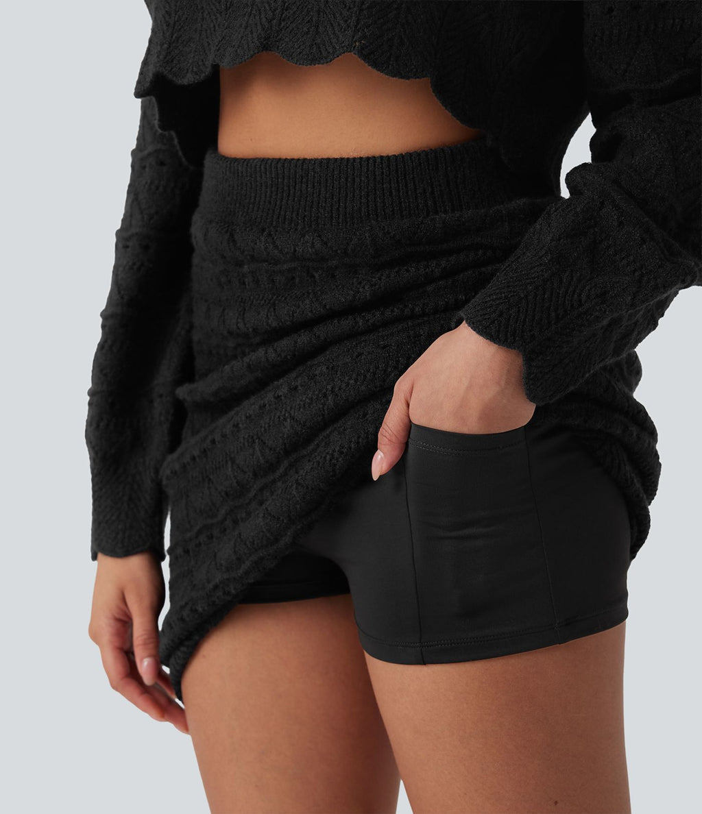 Jupe-pull décontractée 2-en-1 maille ajourée longueur genou taille haute avec poches