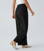 Pantalon Fluide Large Taille Haute Poches Latérales Palazzo Solide Casual Linen-Feel