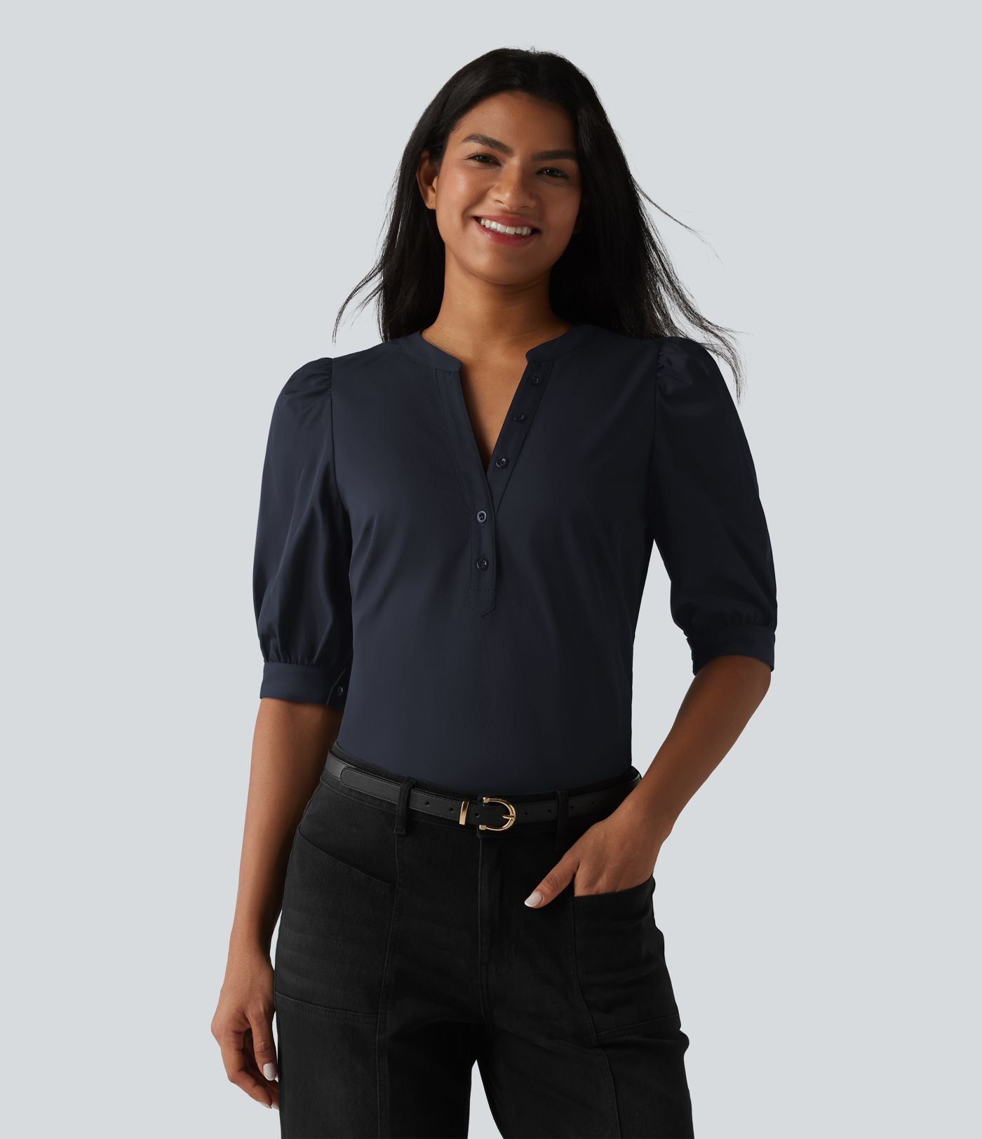 Blouse décontractée col Henley manches bouffantes mi-longues