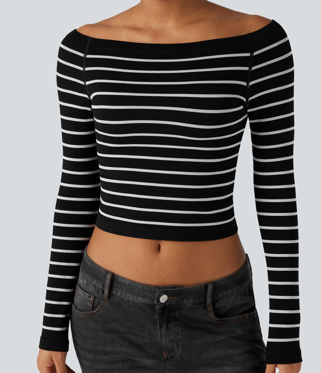 Haut de sport épaules dénudées manches raglan longues à rayures sans couture OneForm Seamless Flow