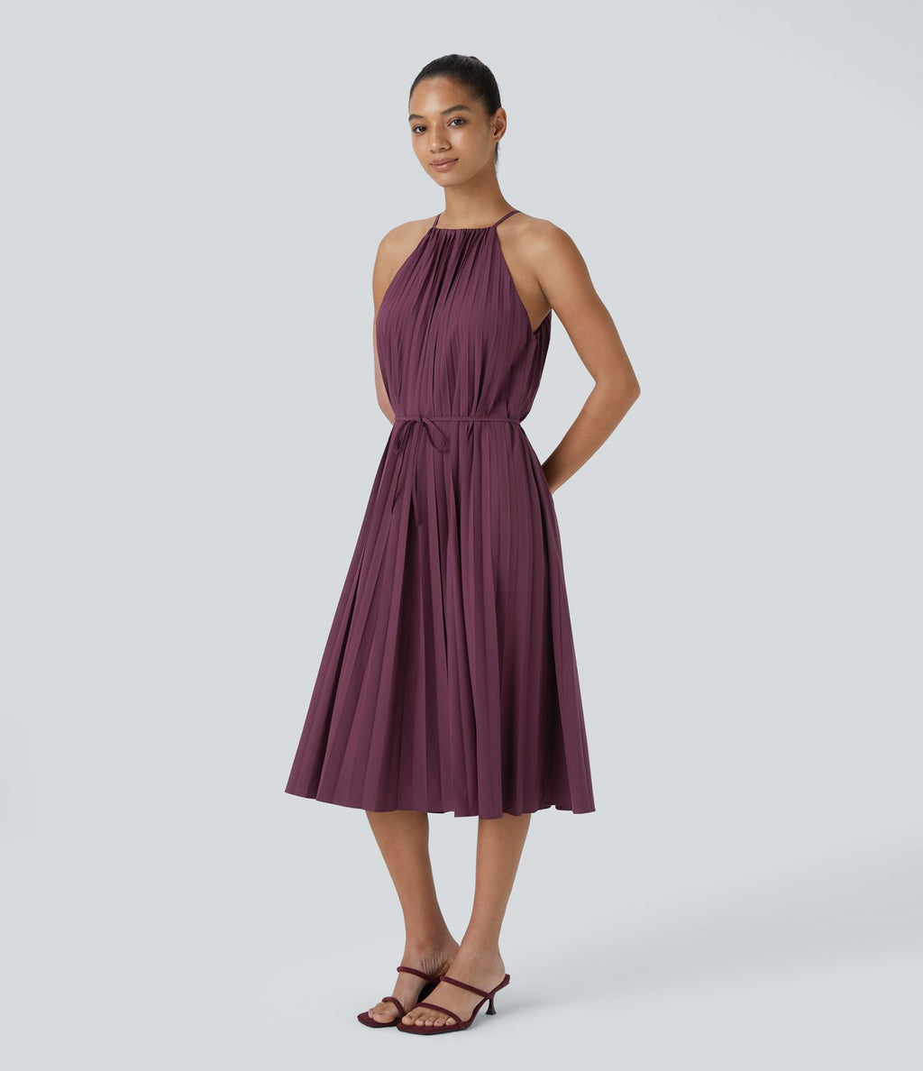 Breezeful™ Robe Décontractée Midi sans Manches Dos Nu avec Nœud à l'Arrière Plissée Ceinturée à Séchage Rapide