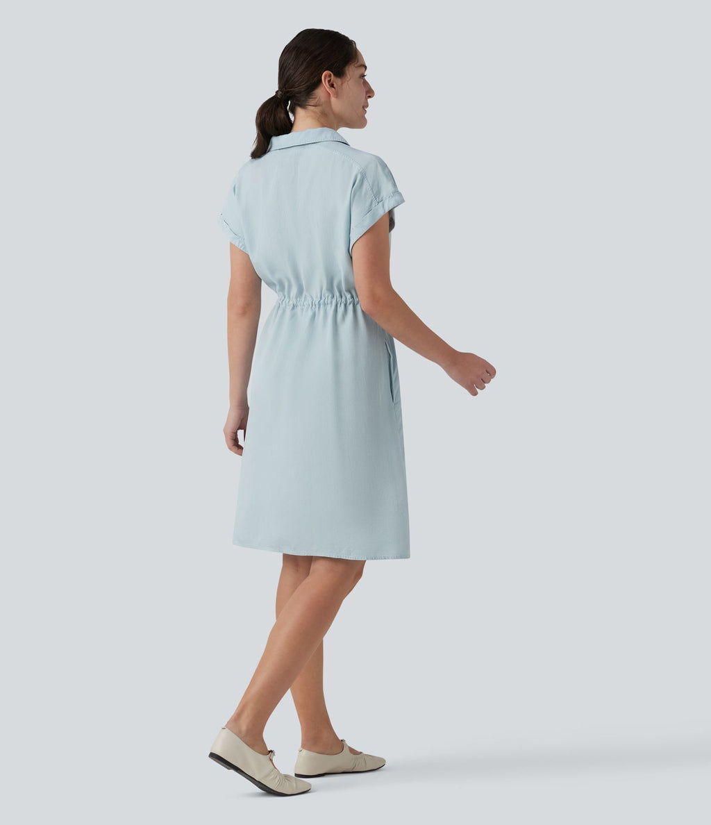 Robe-chemise casual denim en lyocell drapé à col, cordon de serrage, braguette boutonnée et poches