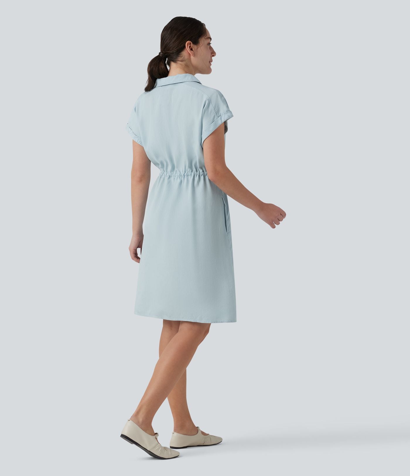 Robe-chemise casual denim en lyocell drapé à col, cordon de serrage, braguette boutonnée et poches