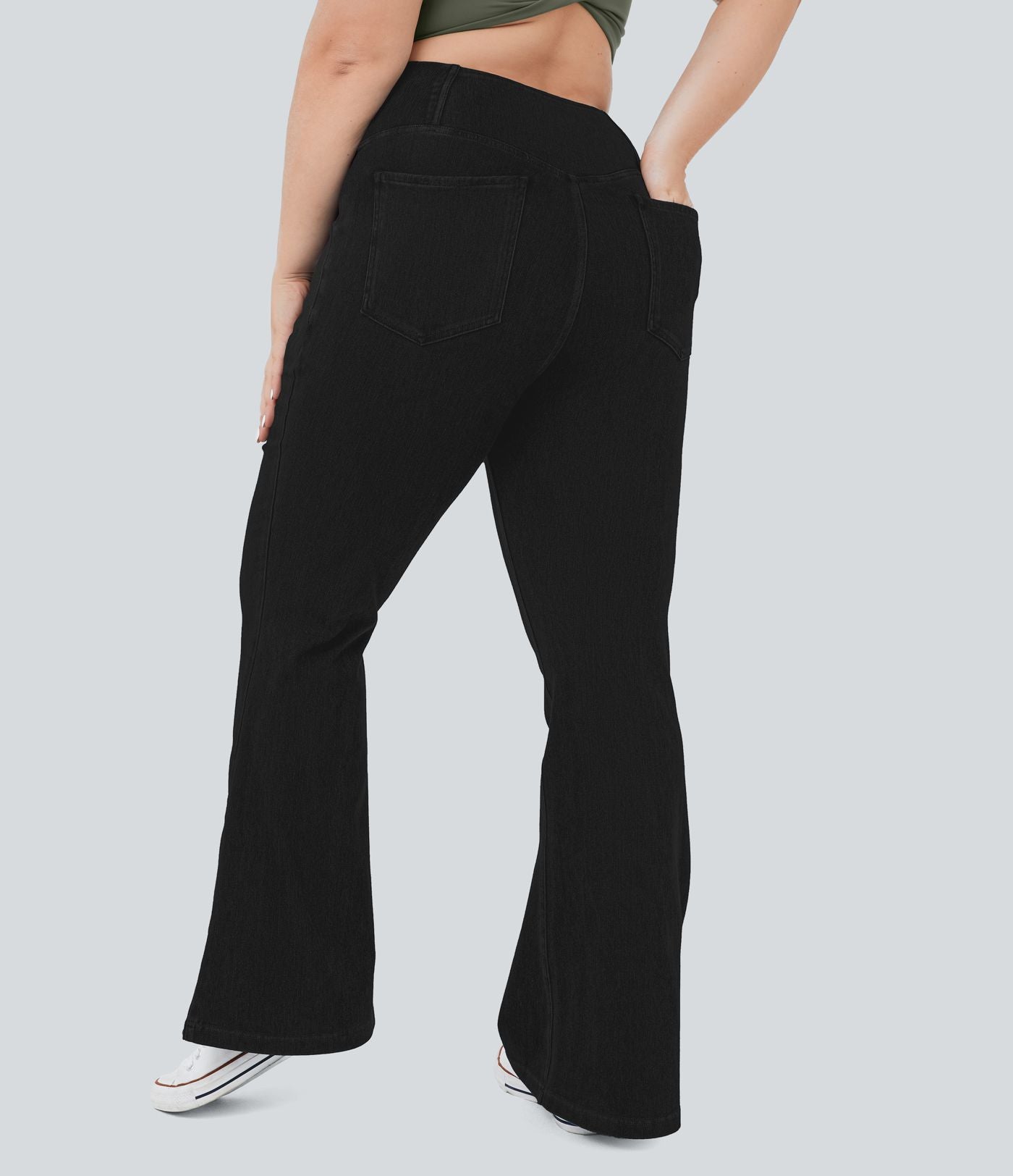 Jean super évasé Halara Flex™ grande taille en maille denim extensible délavée taille haute avec poches croisées effet frais InstantCool respirant