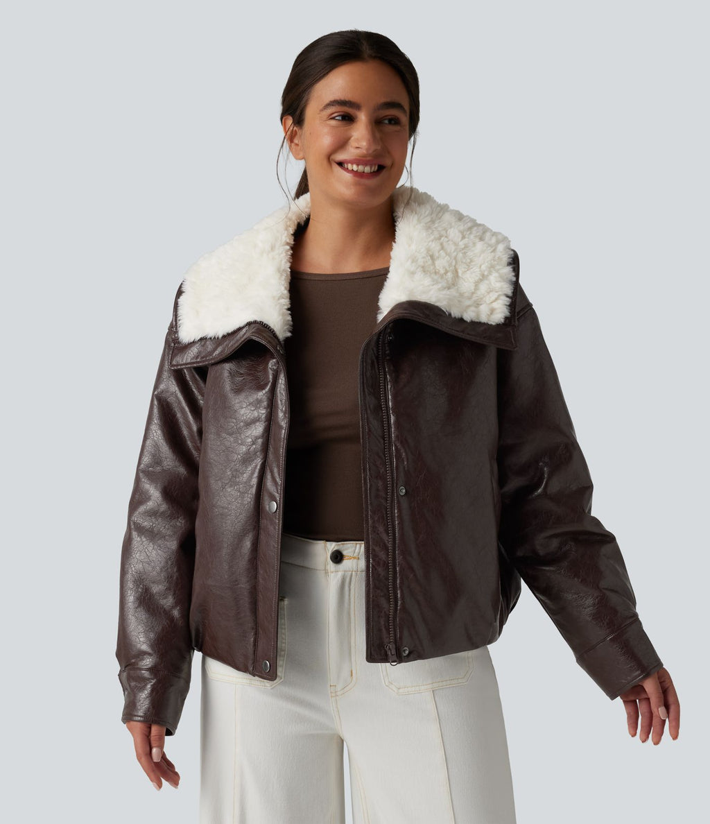 Veste casual en simili cuir à col en fausse fourrure et fermeture éclair avec poches