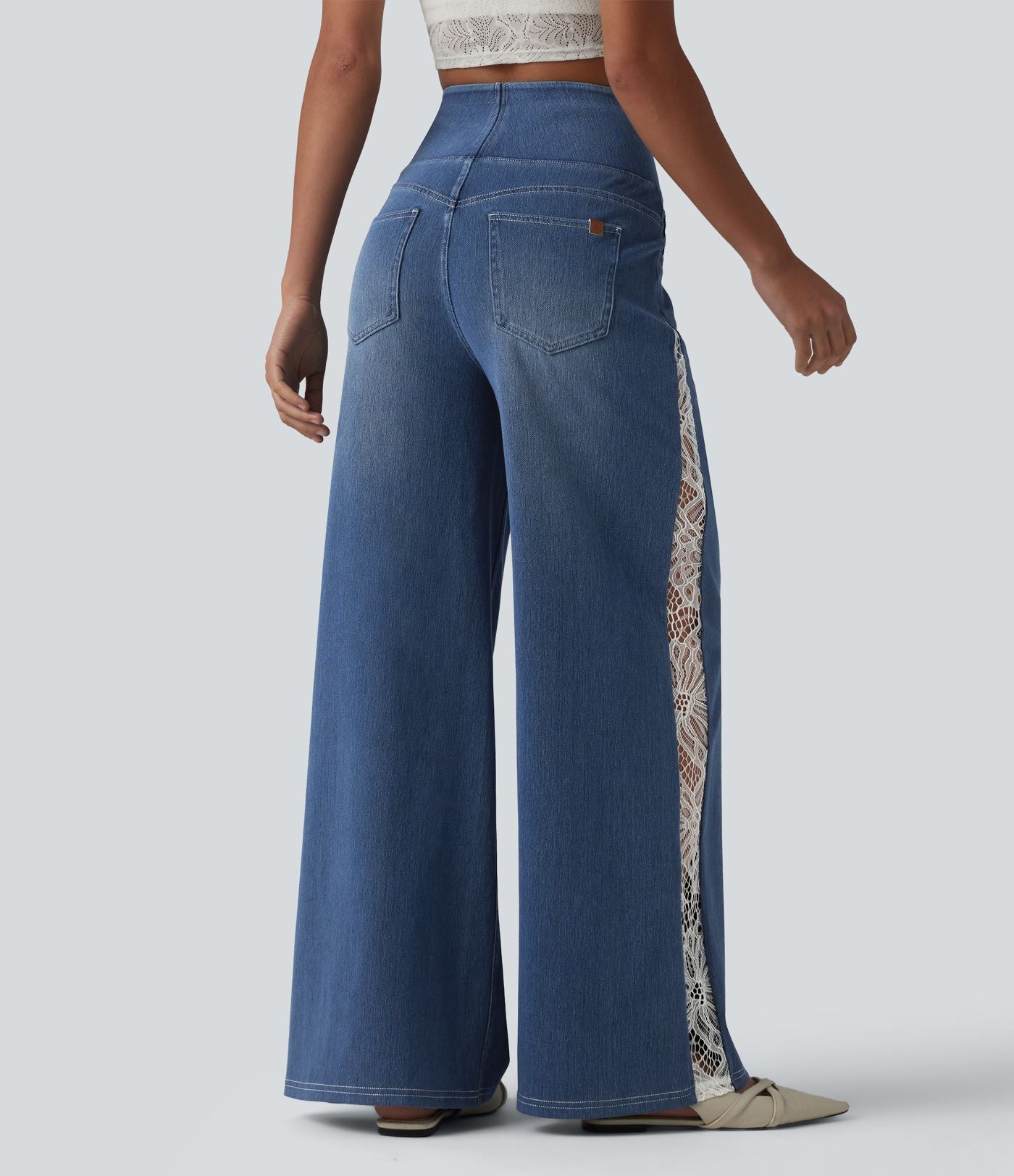 Jean large Halara Flex™ décontracté taille haute avec poches et dentelle contrastée