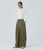 Pantalon décontracté drapé à poches multiples et taille moyenne, jambe large