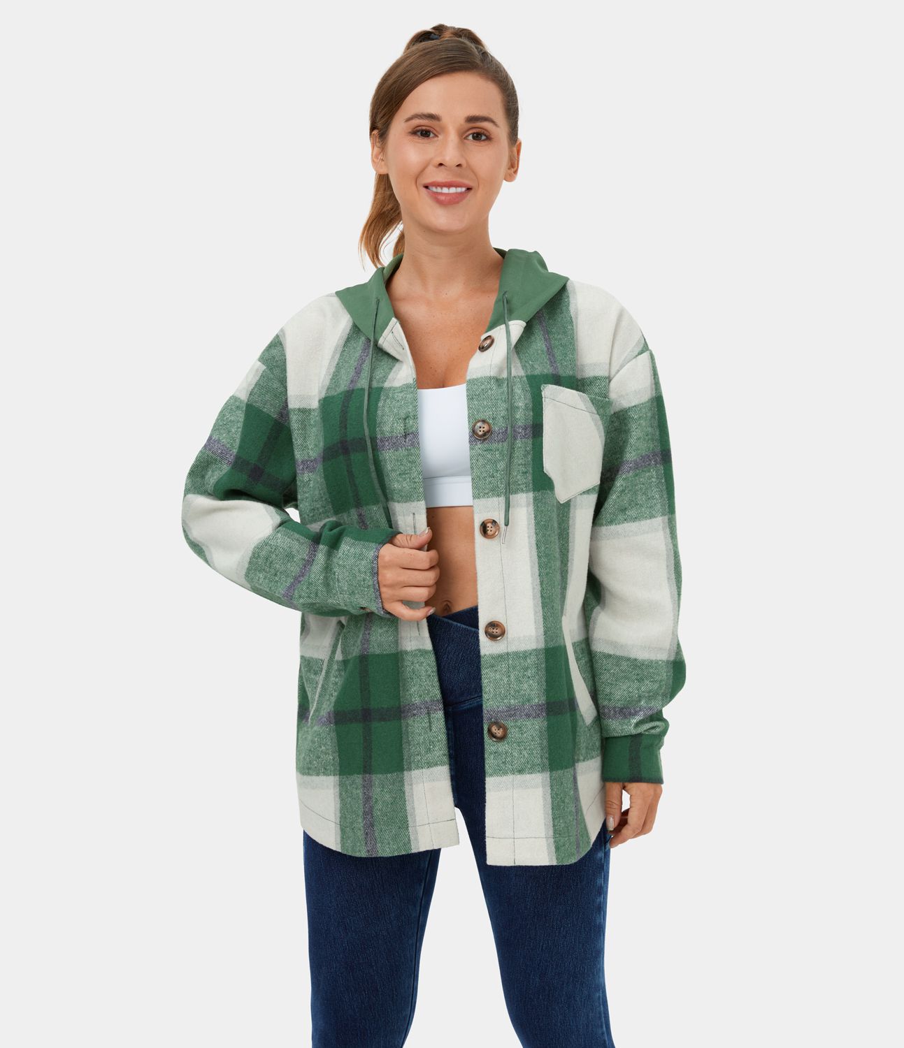 Veste de Casual à Carreaux en Polaire à Capuche avec Cordon de Serrage Boutons et Poches Latérales