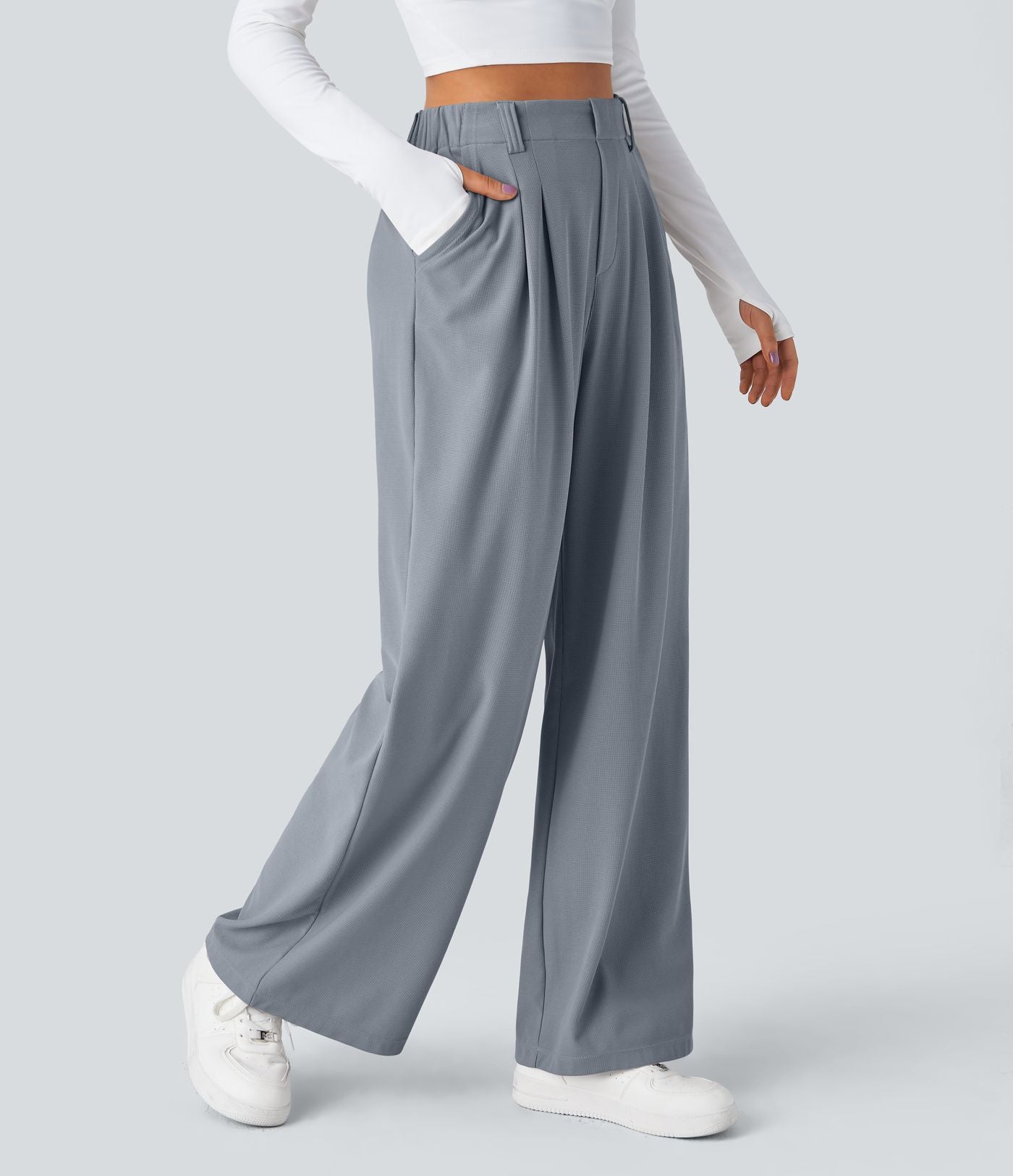 Pantalon Tailleur Large Fluide Halara Flex™ Gaufré Taille Haute Poches Latérales