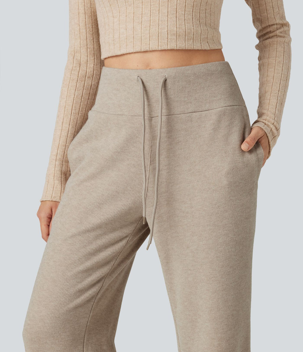 Pantalon large fluide côtelé taille haute avec cordon de serrage et poches