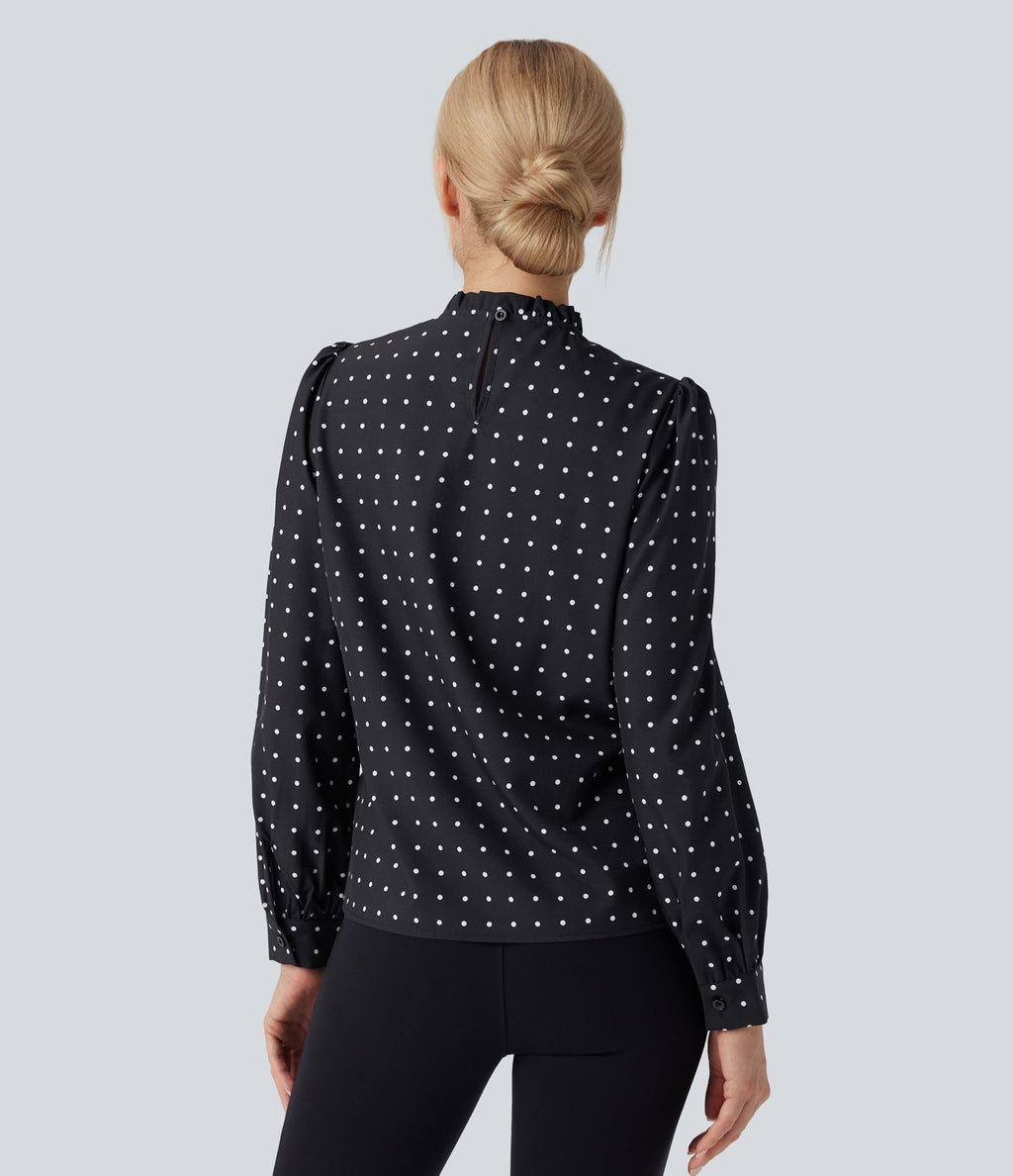 Blouse travail col montant à volants pois manches longues