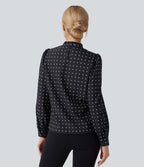 Blouse travail col montant à volants pois manches longues