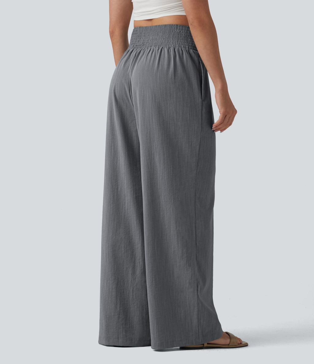 Pantalon baggy effet lin taille haute croisée avec détails froncés et poche