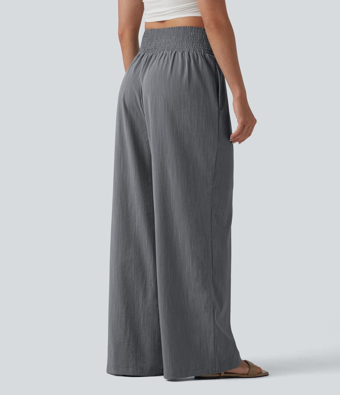 Pantalon baggy effet lin taille haute croisée avec détails froncés et poche
