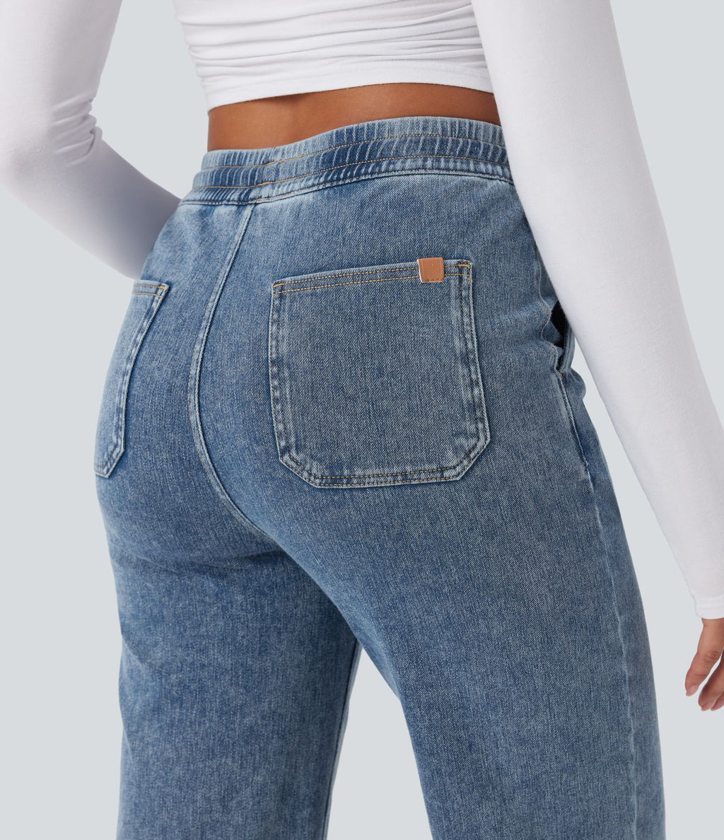 Pantalon décontracté droit taille mi-haute avec cordon et poches