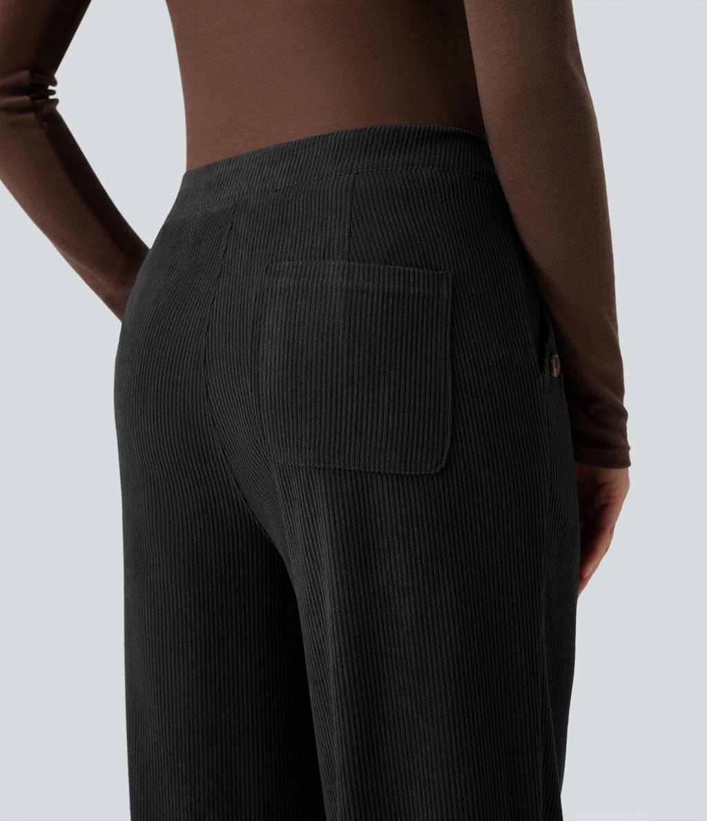 Pantalon décontracté droit en velours côtelé, taille haute, avec poches