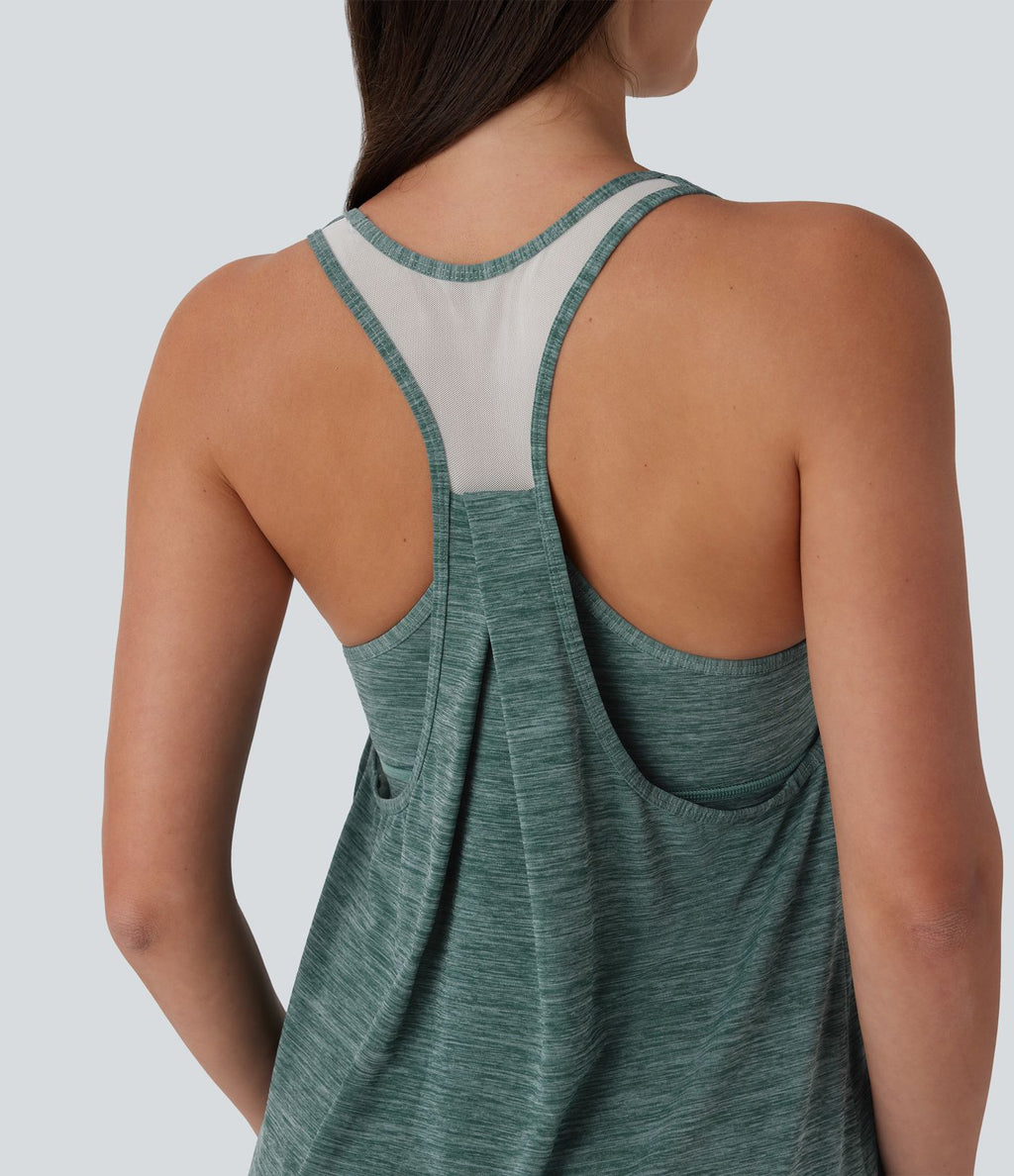 Robe active de yoga mini 2 pièces à encolure en U, dos nu, dos nageur, maille contrastante et poche latérale