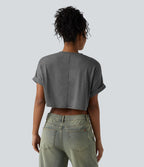 T-shirt décontracté court chiné col rond manches courtes coupe ample avec poche