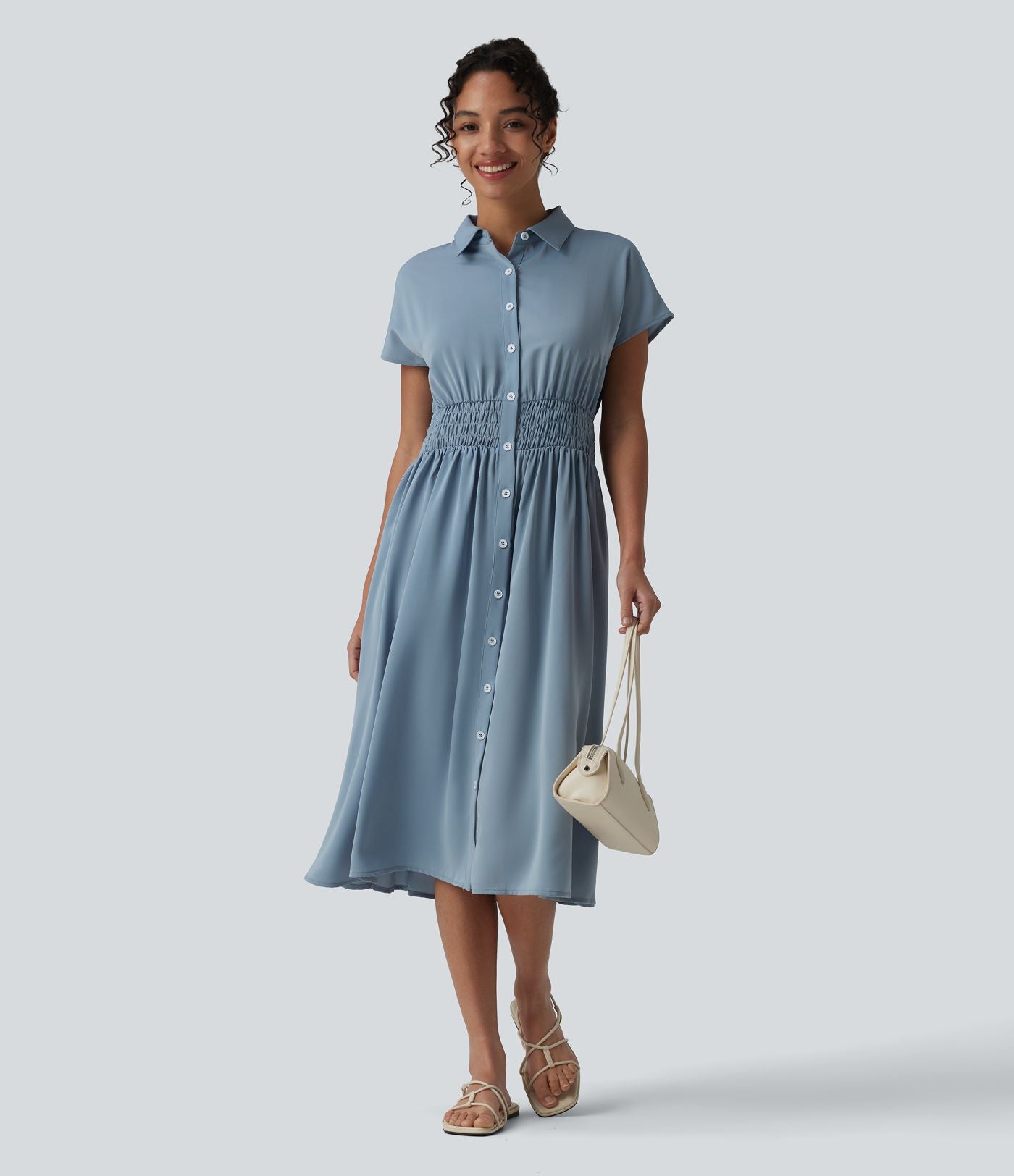 Robe-chemise midi défroissage facile avec manches courtes