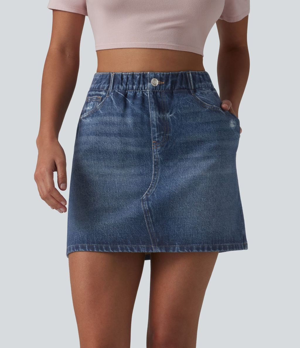 Jupe décontractée taille haute en denim imprimé, molleton français, avec poches